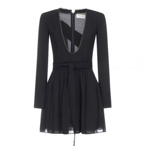Saint Laurent Women's Black Plunging Neckline Long Sleeve Mini Dress